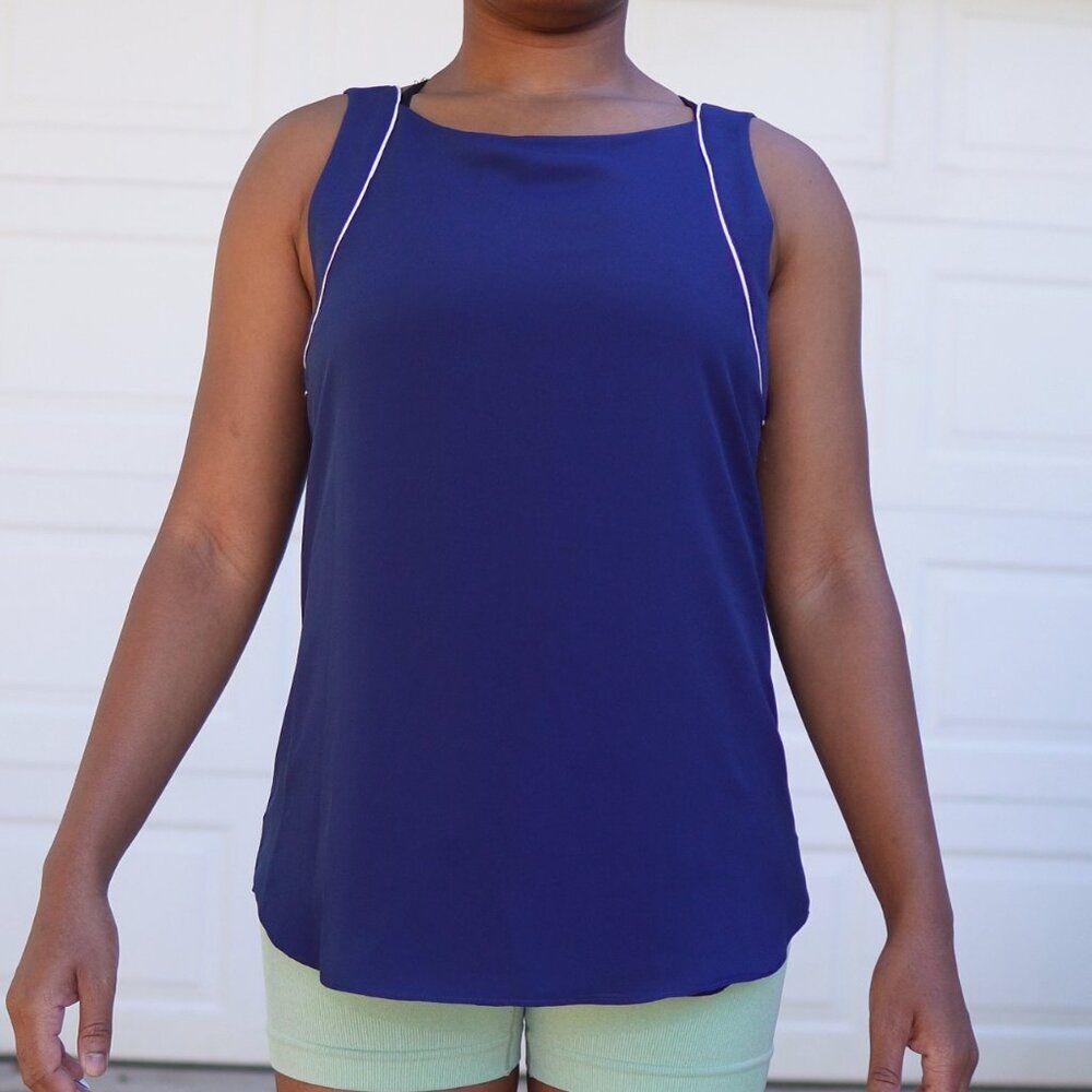 Banana Republic Navy Sleeveless Top S White Piping Trim Business Casual Blouse